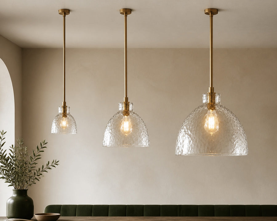 The three pendant sizes drawn to the same scale