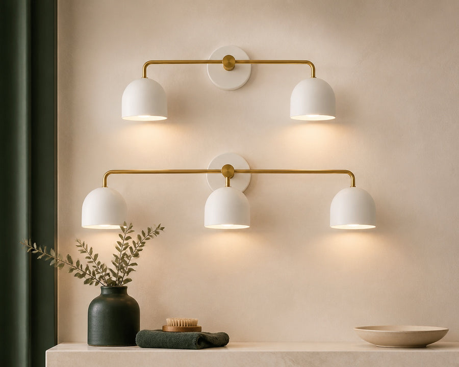 The 2-light and 3-light vanity sconces at the same scale