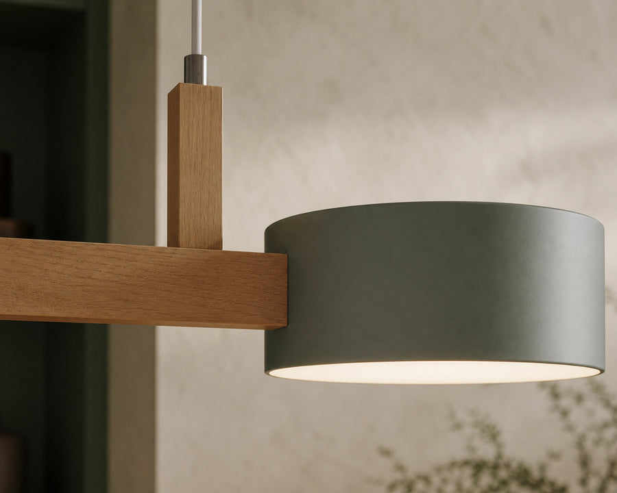 Close view of the wood beam and iron shades