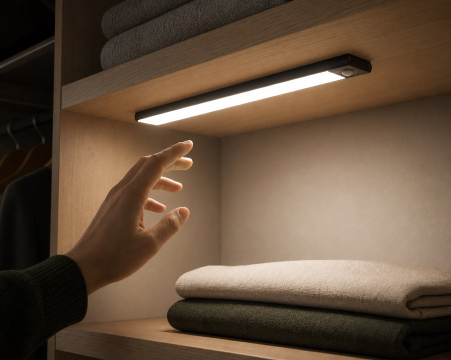 The light bar glowing as a hand reaches into a dark closet