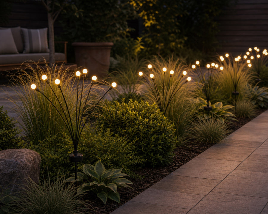 The lights glowing in a garden at dusk