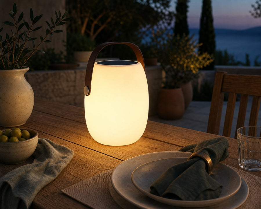 The solar lamp glowing on a terrace table at dusk