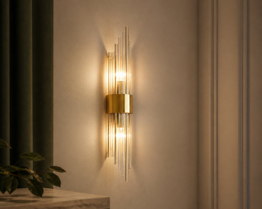 The crystal sconce glowing, light sparkling through the crystal