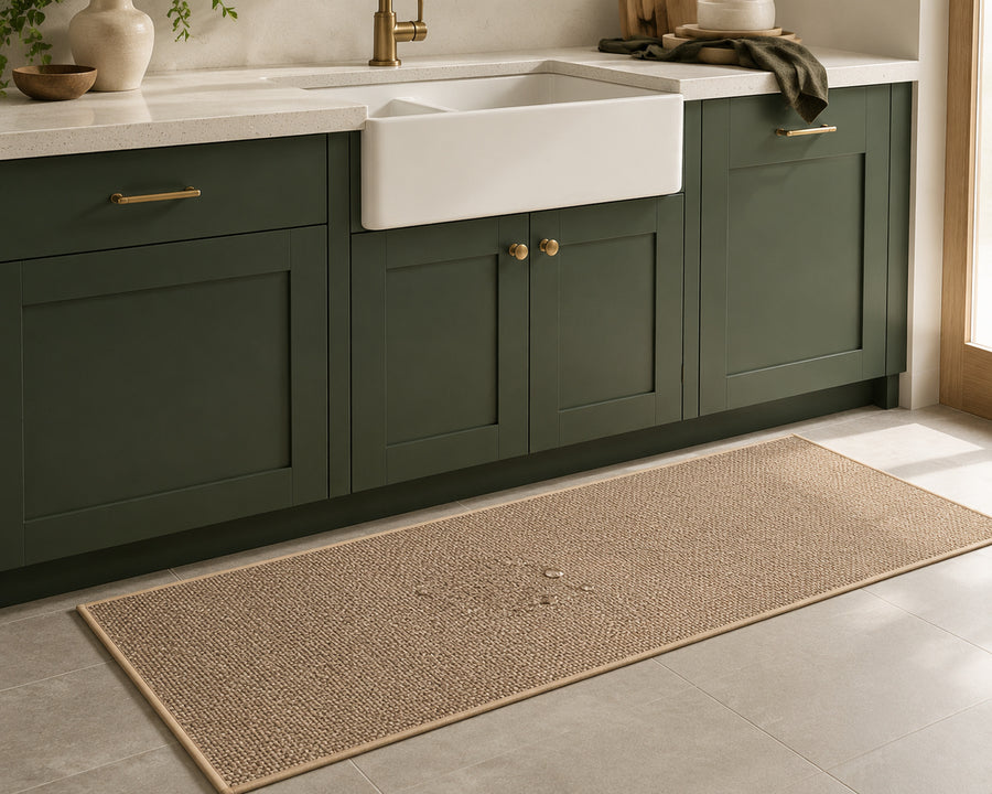 The mat in front of a kitchen sink, catching splashes