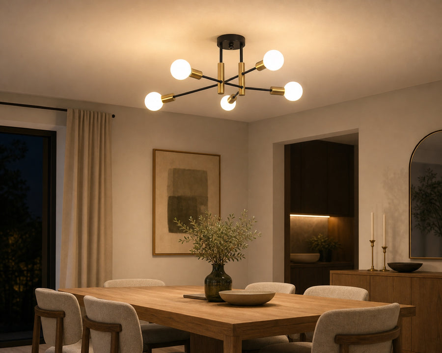 The metal ceiling fixture lit over a dining table