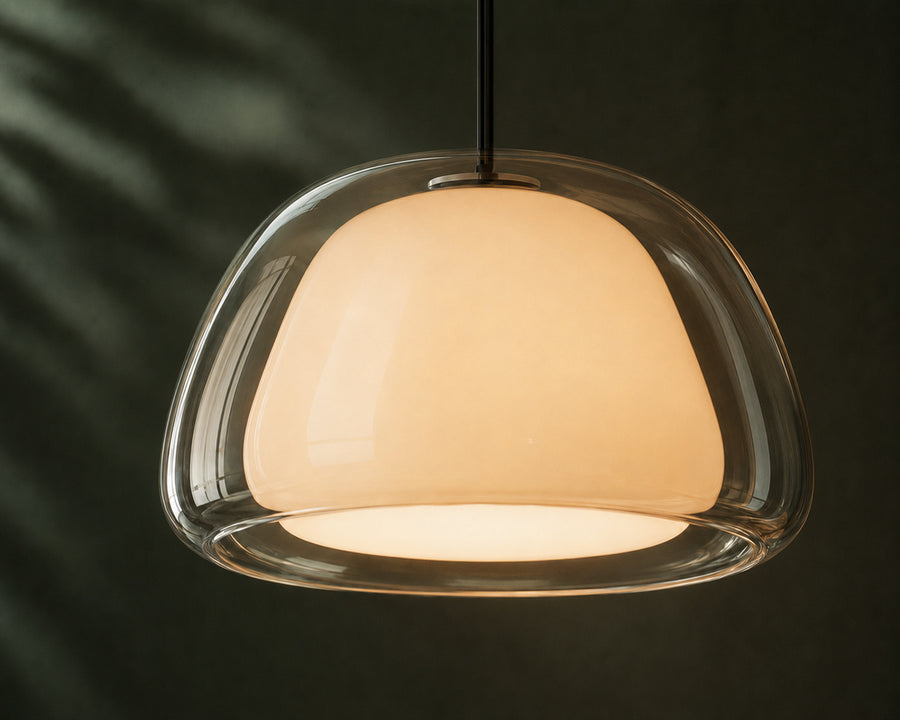Close detail of the glass dome with the bulb glowing inside