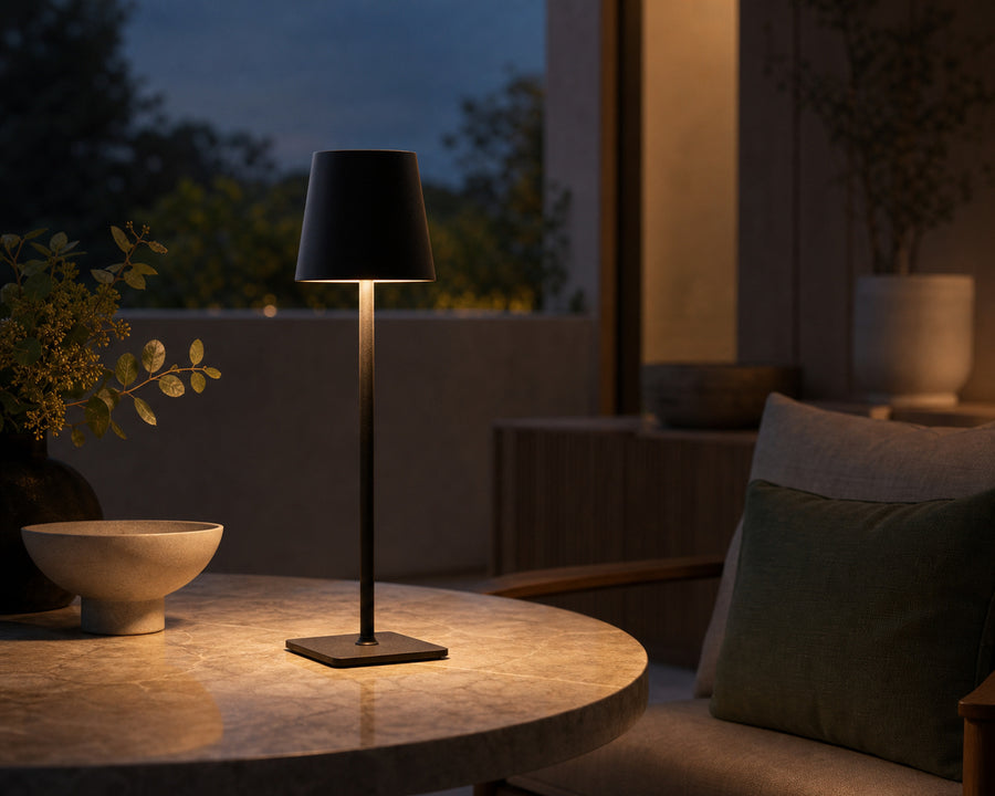 The cordless lamp glowing on a patio table at dusk