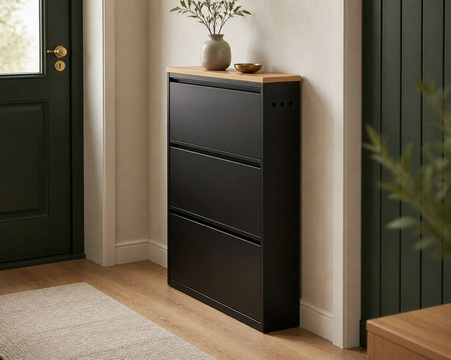 The slim steel shoe cabinet against a narrow entry wall