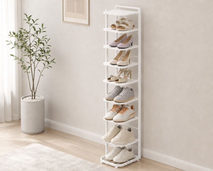 The slim iron rack standing tall against a wall