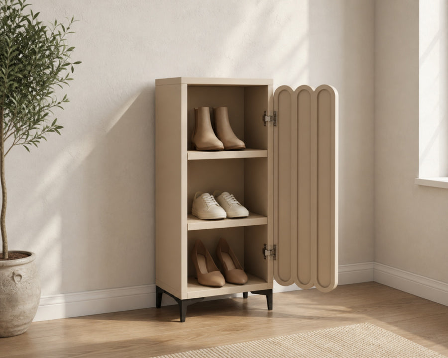The shoe cabinet shown with shoes on each tier