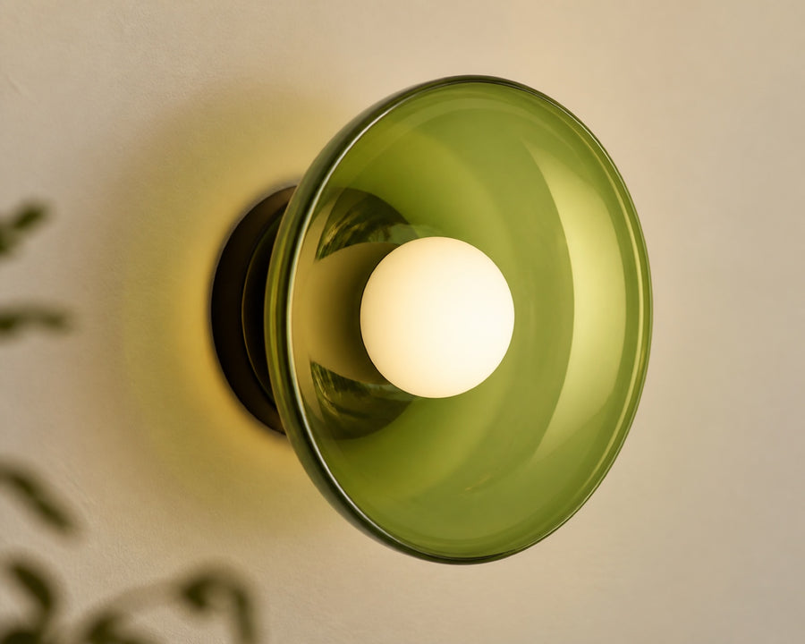 Close view of the coloured glass shade and frosted orb