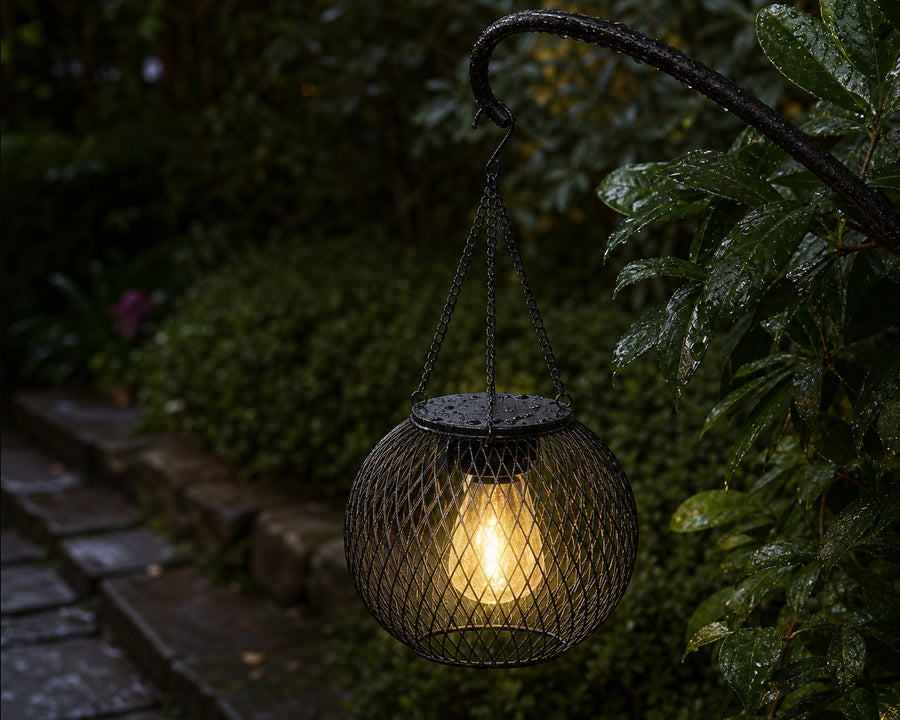 The lantern out in the rain, still glowing