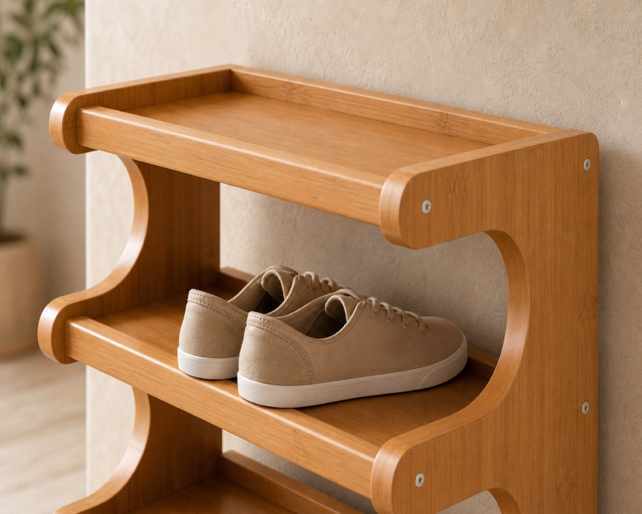 Close view of the open-slat shelves and light-walnut finish