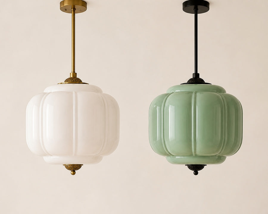 The white and green glass on brass and black fitters
