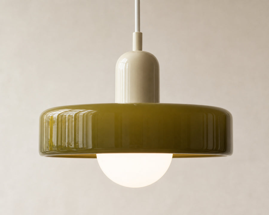 Close view of the glass shade and metal fitting
