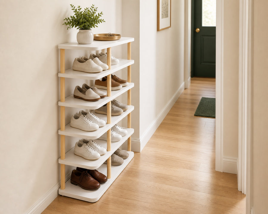 The slim rack tucked against an entryway wall