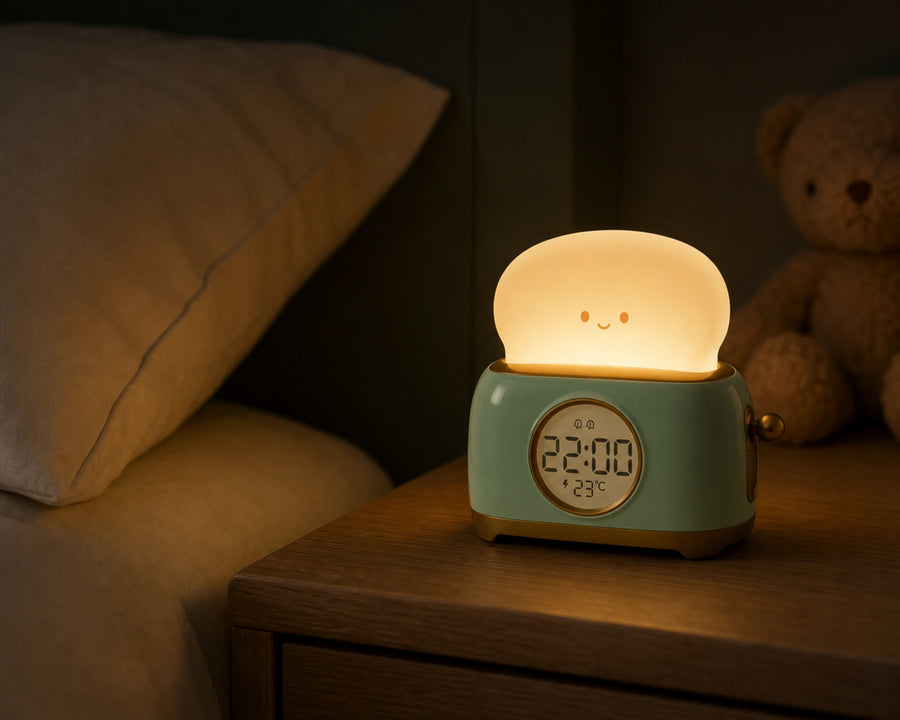 The night light glowing softly in a dark room