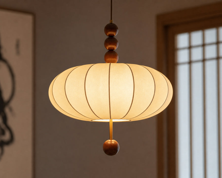 The fabric shade glowing warmly