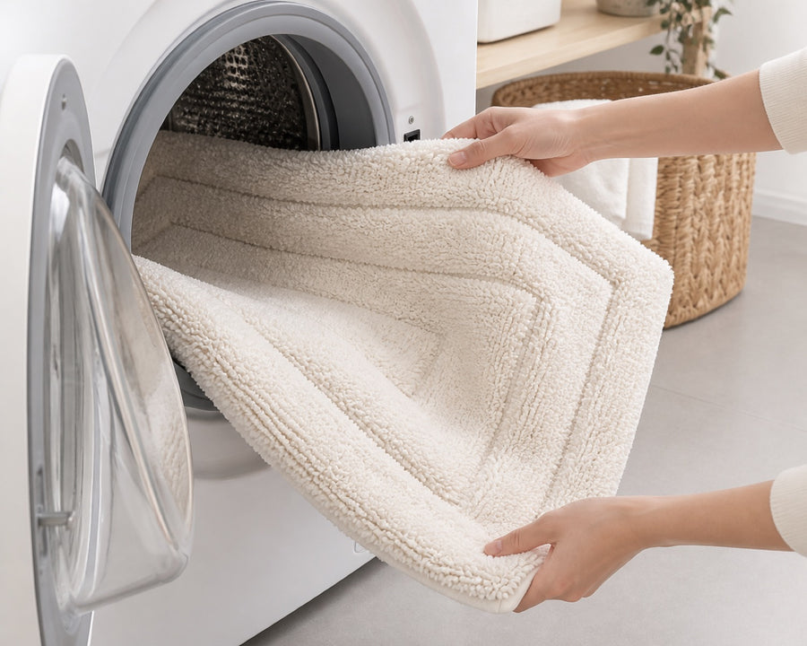 The bath mat going into a washing machine