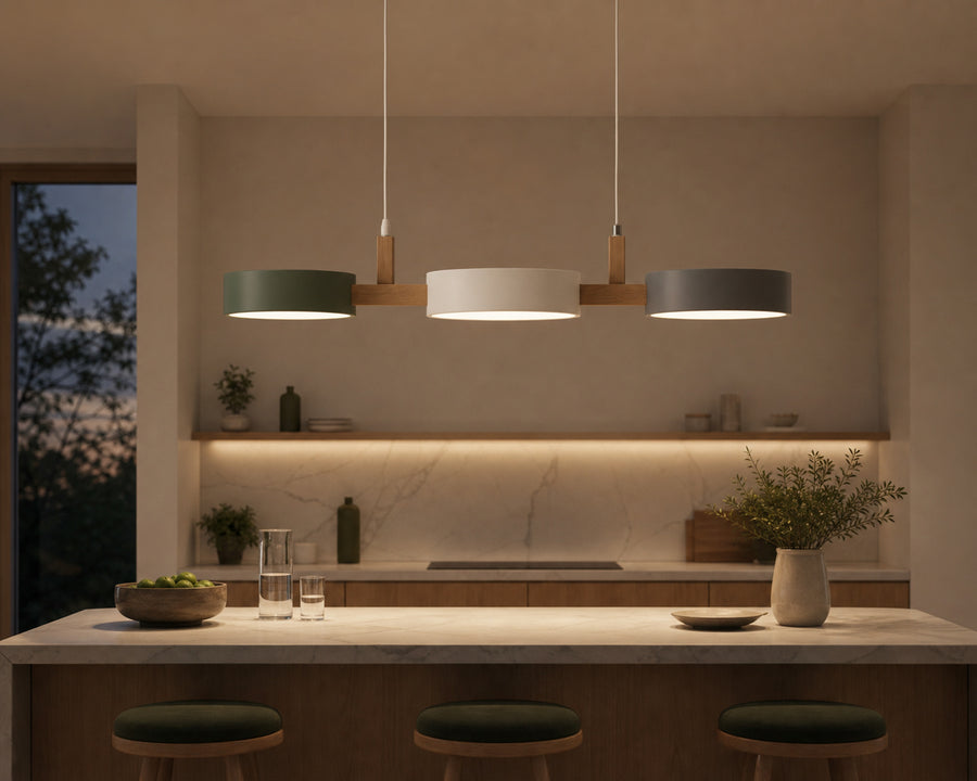 The three staggered shades lighting an island