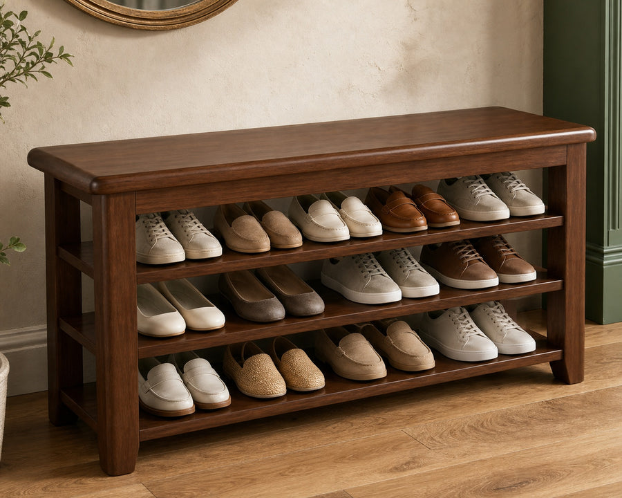The three tiers with shoes lined up beneath the seat