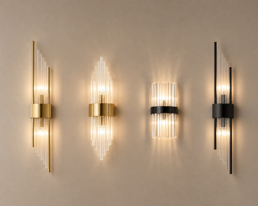 The five crystal sconce designs shown together