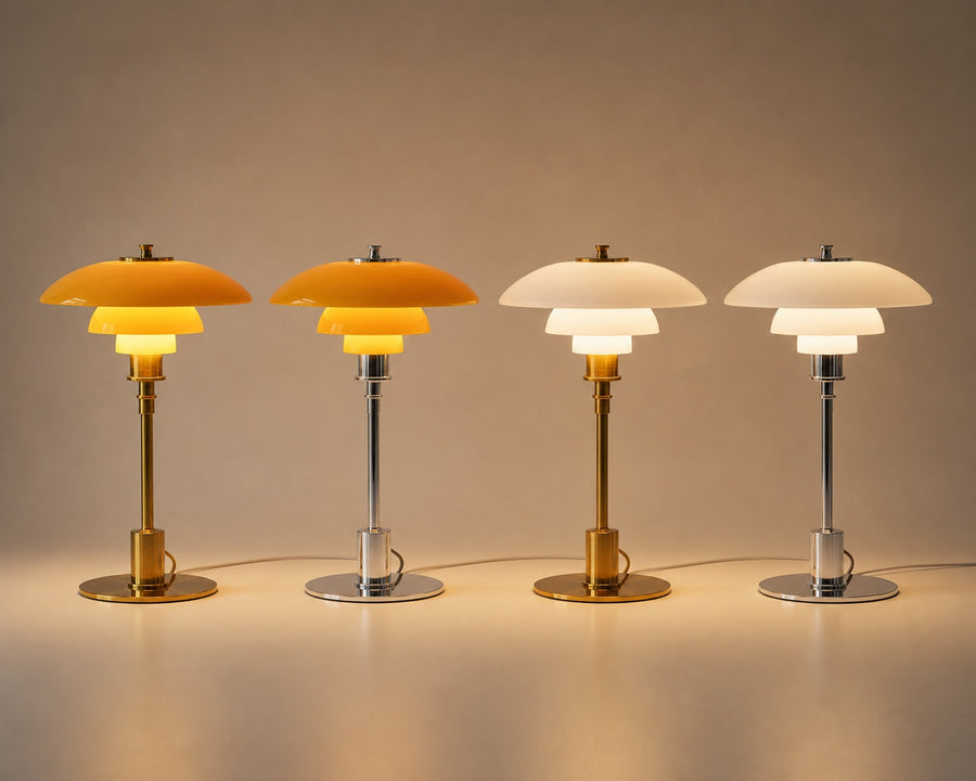 The lamp shown in its four shade and stand combinations
