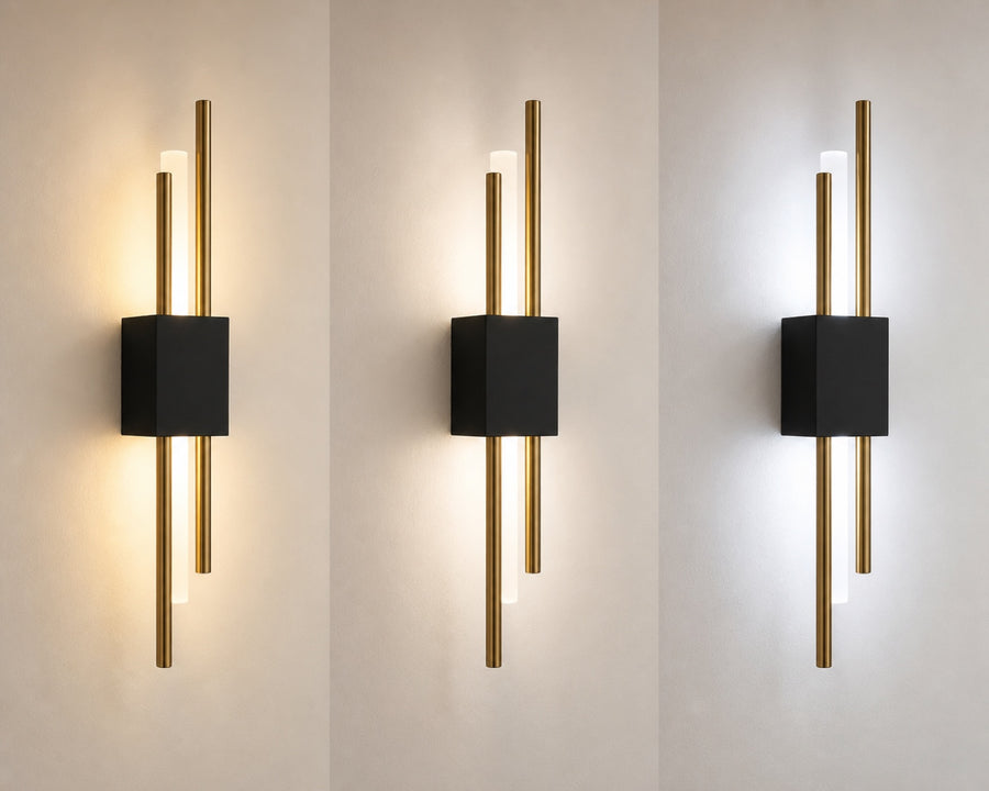 The sconce shown in warm, neutral, and cool light