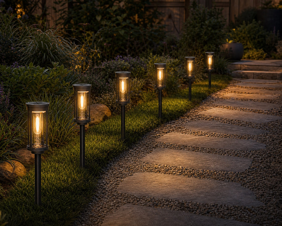 A row of solar stake lights lining a garden path at dusk