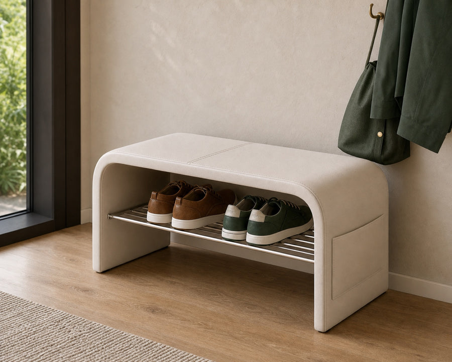 The bench in place in an entryway, ready to use