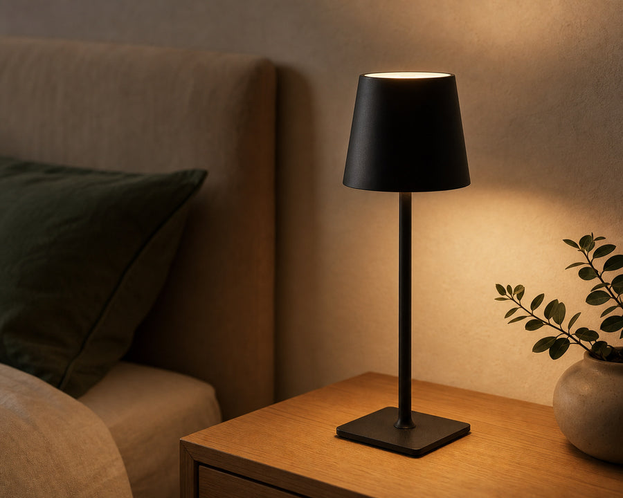 Close view of the lamp at a low, warm glow