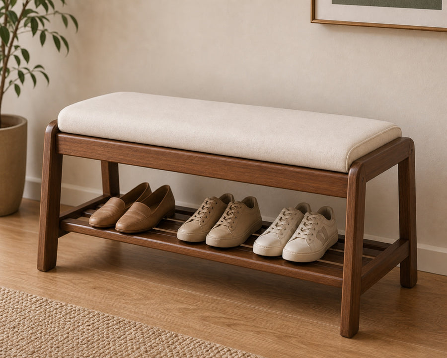 The open shelf with shoes lined up beneath the seat
