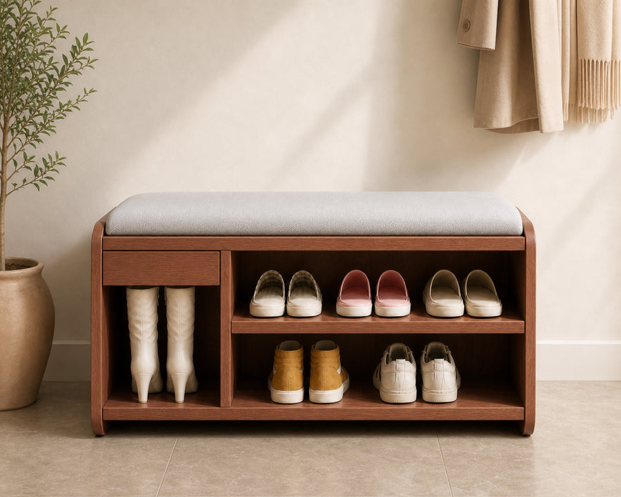The two-tier storage and boot compartment filled with shoes