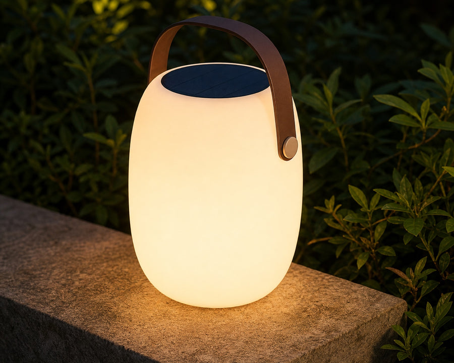 Close view of the glass shade and warm LED glow