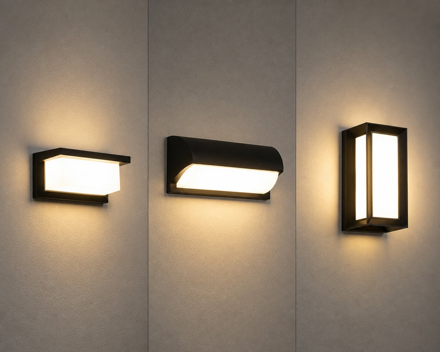 The three outdoor wall light models shown together