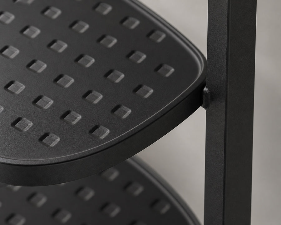 Close view of the powder-coated iron shelf pattern