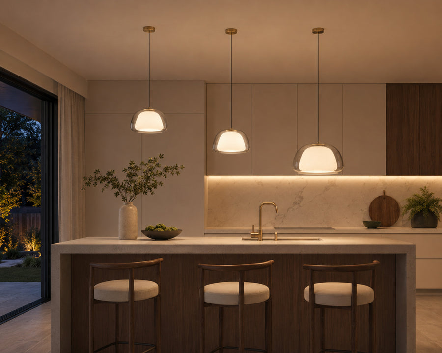 The pendant at two drop heights and two sizes