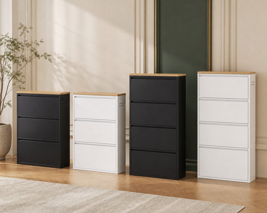 The cabinet shown in black and white finishes