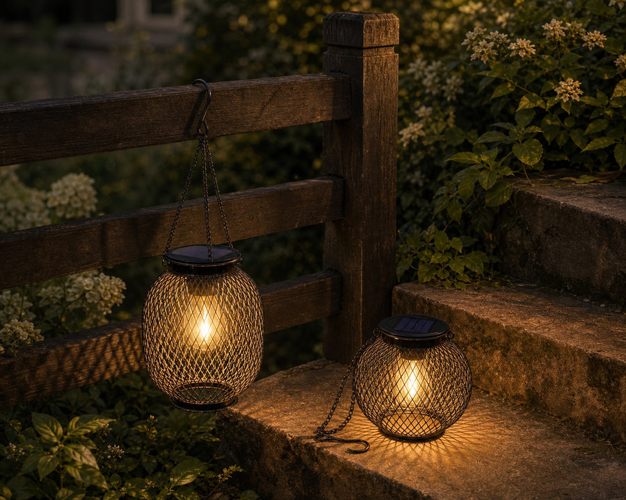 The lantern hung on a fence and set on a table