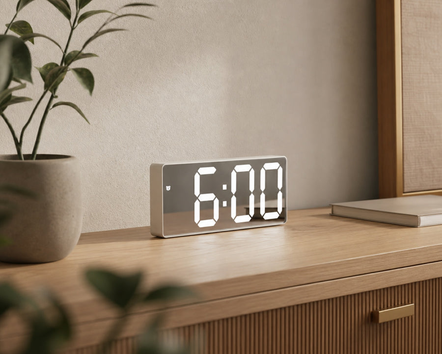 The slim profile of the clock on a shelf
