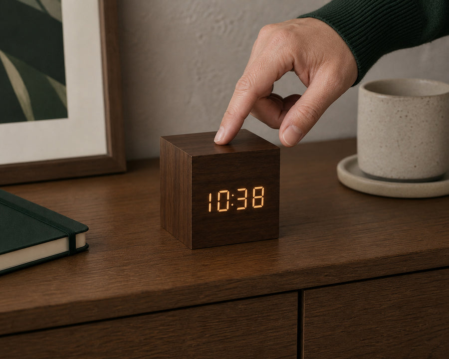 A hand tapping the clock to light the display