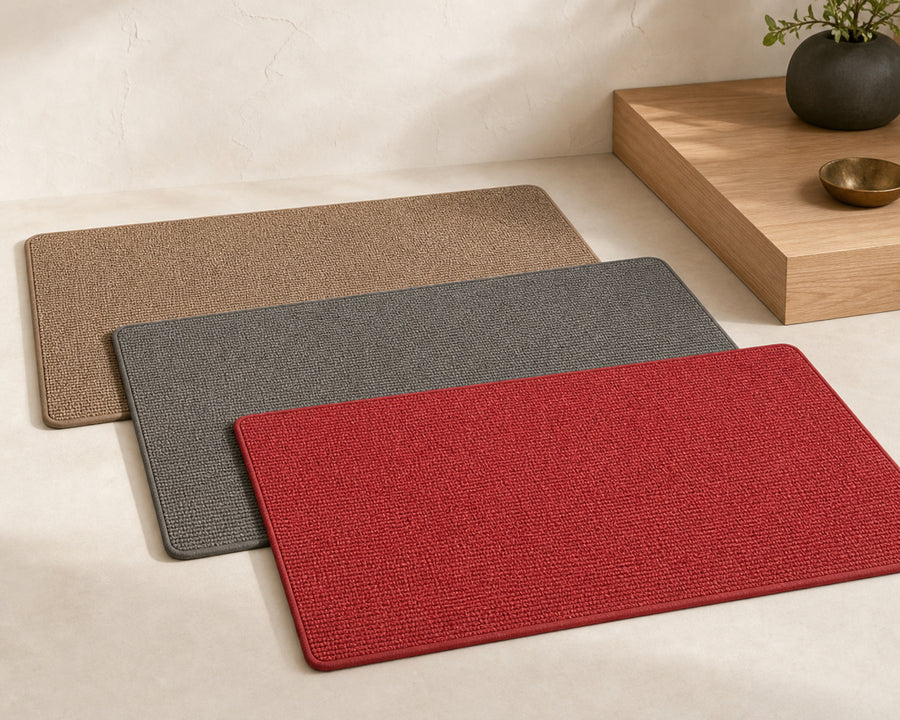The mat shown in brown, gray and red