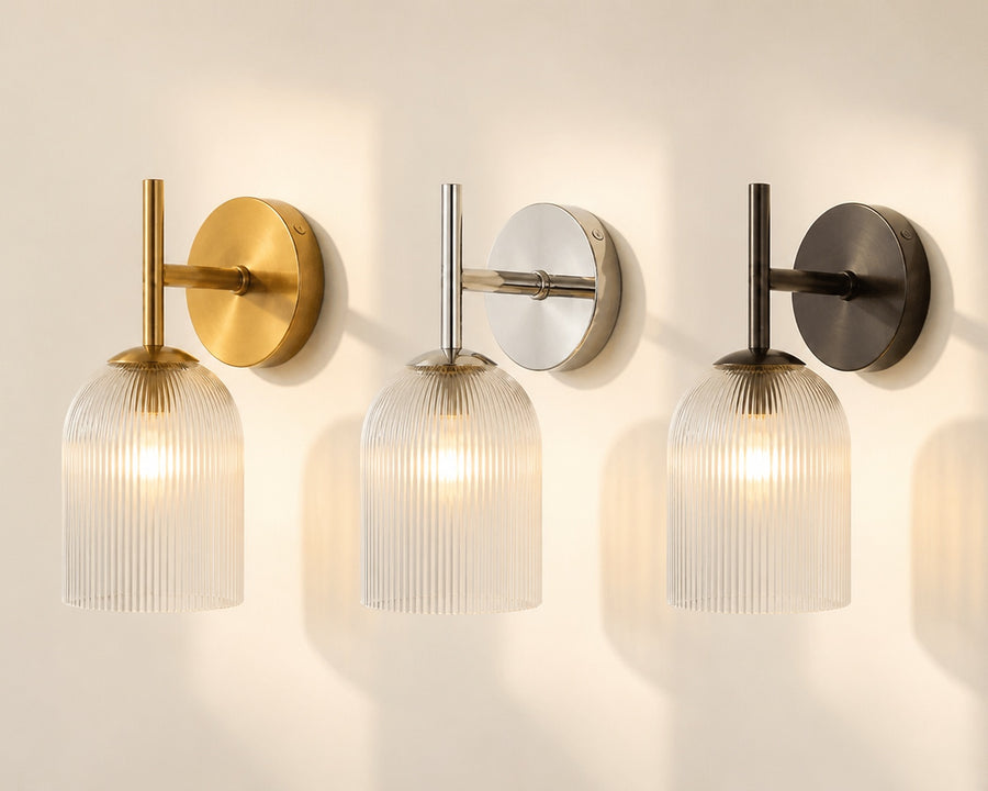 The sconce in the three finishes, mounted vertically and horizontally