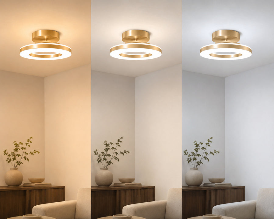 The fixture shown in warm, natural and cool light