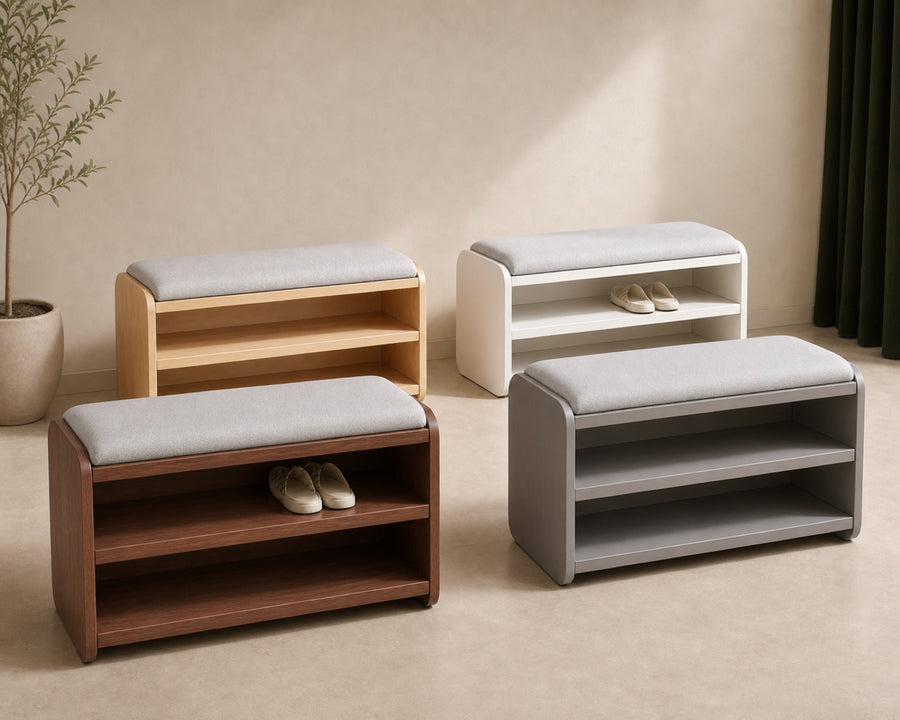 The rounded shoe bench shown in four finishes