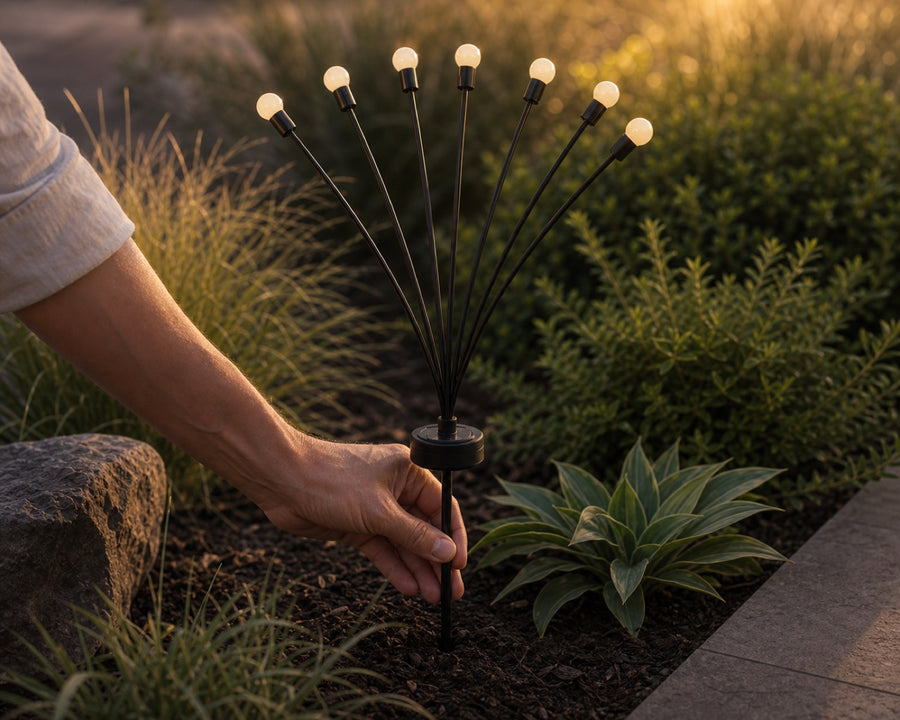 A hand pushing a light stake into a garden bed