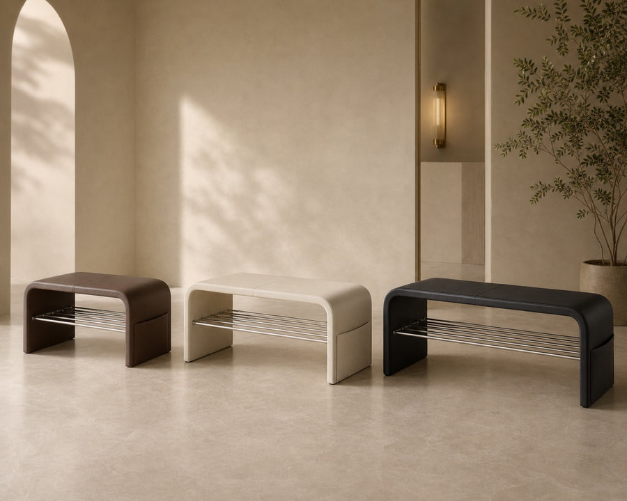 The bench shown in three lengths and three tones