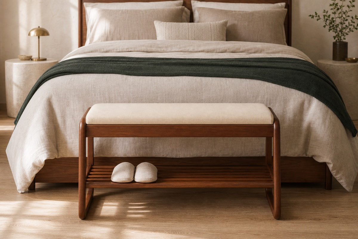 At the foot of a bed