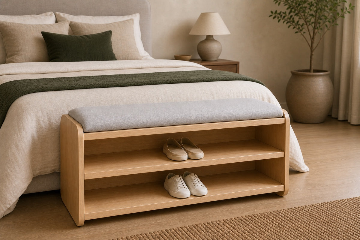 At the foot of a bed