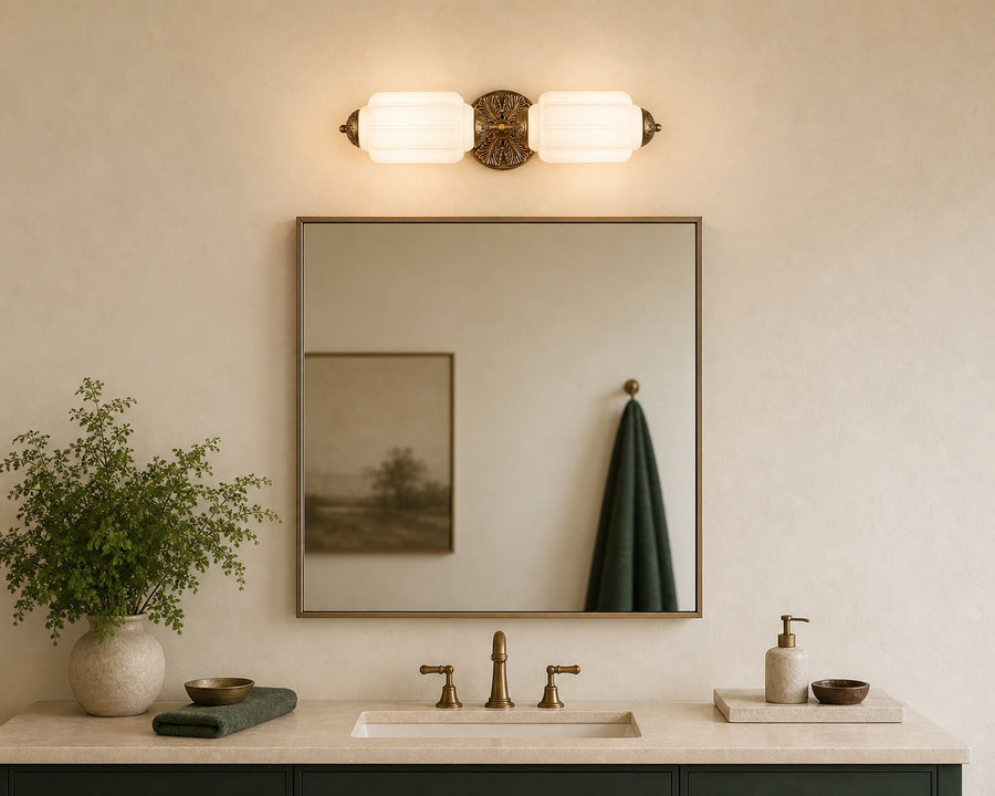 The milk glass shades lit, showing soft even light